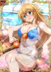  1girl antenna_hair apple aqua_eyes bikini blonde_hair blue_bikini blush breasts card_(medium) cleavage collarbone embarrassed floating_hair floral_print food fruit head_tilt highres ikkitousen large_breasts long_hair looking_at_viewer navel open_mouth partially_submerged print_bikini shiny shiny_hair side-tie_bikini sideboob solo sonsaku_hakufu sparkle swimsuit very_long_hair wavy_mouth 