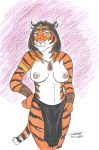  2019 anthro armband armor black_hair breasts brown_eyes clothed clothing felid female fur hair hands_on_hip headpiece inner_ear_fluff jewelry lady_mri loincloth looking_at_viewer mammal navel necklace nipple_piercing nipples pantherine piercing portrait rabbi-tom simple_background solo striped_fur stripes three-quarter_portrait tiger topless vambraces 