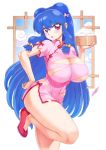  1girl blue_hair bow breasts china_dress chinese_clothes dress eyebrows_visible_through_hair food hair_between_eyes hair_bow hair_ornament highres holding holding_food large_breasts looking_at_viewer mogudan purple_eyes ranma_1/2 shampoo_(ranma_1/2) solo torn_clothes 