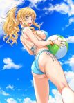  1girl :d ass ball bangle beachball bikini blonde_hair blue_bikini blue_eyes blue_sky bracelet breasts cloud day dutch_angle eyebrows_visible_through_hair hair_ornament hair_scrunchie highres idolmaster idolmaster_cinderella_girls jewelry large_breasts long_hair looking_at_viewer nigou ootsuki_yui open_mouth outdoors ponytail scrunchie side-tie_bikini sideboob sky smile solo swimsuit wet 