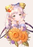  1girl bangs bare_shoulders blue_bow blue_eyes blush bouquet bow brown_background closed_mouth collarbone commentary_request cropped_torso demimushi dress eyebrows_visible_through_hair flower granblue_fantasy hair_bow hair_flower hair_ornament harvin head_tilt highres holding holding_bouquet lilele_(granblue_fantasy) long_hair looking_at_viewer off-shoulder_dress off_shoulder orange_flower pointy_ears purple_flower purple_hair red_flower simple_background smile solo white_dress white_flower 