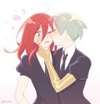  2others ahoge androgynous blush cheek_kiss closed_eyes crystal_hair embarrassed eyebrows_visible_through_hair gem_uniform_(houseki_no_kuni) golden_arms green_hair hair_between_eyes hand_on_another&#039;s_face houseki_no_kuni kiss kiss_day long_bangs mercury multiple_others necktie one_eye_closed phosphophyllite red_eyes red_hair shinsha_(houseki_no_kuni) short_hair signature upper_body 