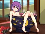  1girl bangs barefoot blue_sky blurry blurry_background blush bowl breasts clothes_removed day eyebrows_visible_through_hair full_body hair_between_eyes head_tilt in_bowl in_container japanese_clothes kimono knees_up looking_at_viewer minigirl nipples no_hat no_headwear nude paburisiyasu partially_submerged purple_hair red_eyes red_kimono shadow short_hair sitting sky small_breasts solo steam sukuna_shinmyoumaru touhou water wet 