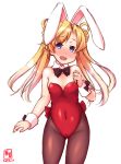  1girl abukuma_(kantai_collection) alternate_costume animal_ears artist_logo bare_shoulders black_ribbon blonde_hair blue_eyes blush bow bowtie breasts brown_legwear bunny_ears bunnysuit cameltoe collarbone covered_navel cowboy_shot dated detached_collar double_bun fake_animal_ears hair_between_eyes hair_rings highres kanon_(kurogane_knights) kantai_collection leotard long_hair looking_at_viewer open_mouth pantyhose red_leotard ribbon signature simple_background small_breasts smile solo strapless strapless_leotard tail twintails white_background wrist_cuffs 
