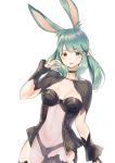  1girl animal_ears black_capelet black_choker black_panties blush boobplate breastplate breasts bunny_ears capelet character_request choker closed_mouth commentary_request final_fantasy final_fantasy_xiv fingernails flower green_eyes green_hair groin hair_flower hair_ornament hand_up heterochromia long_hair medium_breasts midorikawa_you navel panties red_eyes simple_background solo twintails underwear white_background white_flower 