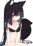  1girl absurdres animal_ear_fluff animal_ears arm_support bangs bare_shoulders black_bra black_hair blue_hair blush bottomless bow bow_bra bra breasts closed_mouth collarbone commentary_request eyebrows_visible_through_hair fox_ears fox_girl fox_tail groin hair_between_eyes highres mm2k multicolored_hair navel original red_eyes simple_background small_breasts solo strap_slip tail two-tone_hair underwear white_background 