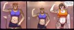 alegra_(toxictoby) bahati_(toxictoby) bra brown_hair clothing dialogue felid female flexing gym hair hi_res lion mammal multi_nipple muscular muscular_female nipples pantherine snow_leopard toxictoby underwear 