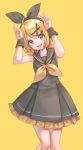  1girl armpits asahi_yuuji bare_shoulders black_bow black_dress black_wrist_cuffs blonde_hair blue_eyes borrowed_design bow bowtie collarbone commentary dress frilled_dress frills hair_bow hair_ornament hairclip hands_up highres kagamine_rin light_blush looking_up short_hair simple_background smile solo treble_clef upper_body vocaloid vocaloid_(sour-type_ver) wrist_cuffs yellow_background 