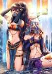  2girls anklet aqua_(fire_emblem_if) arabian_clothes armlet blue_eyes blue_hair blush bracelet breasts cake cape circlet cleavage commentary dancer dress earrings elbow_gloves fingerless_gloves fire_emblem fire_emblem:_kakusei fire_emblem_heroes fire_emblem_if food fruit gloves hair_between_eyes hairband harem_outfit jewelry kneeling long_hair looking_at_viewer lucina medium_breasts midriff multiple_girls navel necklace pelvic_curtain plate raspberry see-through sitting small_breasts smile tiara veil very_long_hair wani_(fadgrith) yellow_eyes 