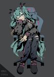  1girl ;) arm_support bangs black_footwear black_jacket black_pants blue_eyes breasts chair character_name closed_mouth commentary copyright_name cytus fingernails full_body green_hair green_nails grey_background grey_sweater hair_between_eyes hair_ornament hatsune_miku hiro_chikyuujin jacket long_hair long_sleeves medium_breasts nail_polish office_chair on_chair one_eye_closed open_clothes open_jacket pants puffy_long_sleeves puffy_sleeves ribbed_sweater shoes sitting smile solo sweater torn_clothes torn_pants turtleneck turtleneck_sweater twintails two-tone_background very_long_hair vocaloid 