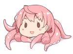  1girl akashi_(kantai_collection) blush_stickers hair_ribbon kantai_collection kusano_(torisukerabasu) o_o open_mouth parody pink_hair ribbon simple_background smile solo takoluka tentacle_hair tentacles tress_ribbon white_background 