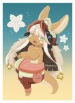  1other :3 animal_ears artist_name blue_background blush eyebrows_visible_through_hair flower full_body furry gradient gradient_background green_eyes highres kawasemi27 looking_at_viewer made_in_abyss nanachi_(made_in_abyss) simple_background smile tail twitter_username white_hair yellow_background 