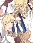  1boy 1girl armor black_gloves blonde_hair blush boots braid cape commentary_request eyebrows_visible_through_hair fire_emblem fire_emblem_heroes full_body gloves green_eyes hair_ornament holding holding_weapon long_hair looking_at_viewer multiple_views open_mouth sharena shiseki_hirame shoulder_plates smile speech_bubble thighhighs upper_teeth weapon white_legwear 
