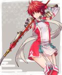  1girl ataka_takeru blush fire_emblem fire_emblem_if gloves hair_over_one_eye hinoka_(fire_emblem_if) looking_at_viewer open_mouth polearm red_eyes red_hair short_hair simple_background smile solo spear weapon 