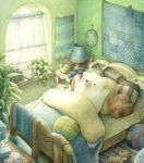  alarm_clock artist_name bear bed bedroom black_eyes blanket blush book bookshelf chair clock curtains day desk eyewear_removed glasses indoors lamp looking_away no_humans original pillow plant polar_bear potted_plant signature slippers slippers_removed st.kuma 