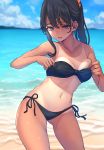  1girl absurdres adjusting_clothes adjusting_swimsuit ass_visible_through_thighs bandeau bangs bare_arms bare_shoulders bikini black_bikini black_hair blue_eyes blue_sky blurry breasts cloud collarbone cowboy_shot day depth_of_field hair_between_eyes hair_ornament hair_scrunchie highres koh_(minagi_kou) long_hair looking_at_viewer medium_breasts navel ocean one-piece_tan outdoors pink_scrunchie ponytail scrunchie side-tie_bikini sky solo ssss.gridman standing stomach strapless strapless_bikini swimsuit takarada_rikka tan tanline thighs water 