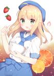  1girl :d ahoge aizawa85 artoria_pendragon_(all) bangs beret blonde_hair blue_bow blue_headwear blue_neckwear blue_skirt blush bow bowl breasts commentary_request emiya-san_chi_no_kyou_no_gohan eyebrows_visible_through_hair fate_(series) fingernails food food_on_face food_on_finger fruit green_eyes hair_between_eyes hat highres holding holding_bowl long_hair mixing_bowl open_mouth puffy_short_sleeves puffy_sleeves saber shirt short_sleeves skirt small_breasts smile solo strawberry sweat white_background white_shirt 