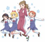  4girls ;d bangs blonde_hair blush bobby_socks bow bowtie brown_eyes brown_footwear brown_hair cosplay dress eyebrows_visible_through_hair food fruit full_body hair_between_eyes hair_bow hair_ornament hairclip highres himesaka_noa himesaka_noa_(cosplay) holding_hands hoshino_hinata hoshino_hinata_(cosplay) hoshino_miyako_(wataten) hoshino_miyako_(wataten)_(cosplay) idolmaster idolmaster_cinderella_girls interlocked_fingers jacket kamiya_nao kneehighs loafers long_hair long_sleeves multiple_girls nigou one_eye_closed open_mouth orange_hair pantyhose red_bow red_neckwear ryuuzaki_kaoru sakurai_momoka school_uniform shirosaki_hana shirosaki_hana_(cosplay) shoes short_hair smile socks strawberry tachibana_arisu track_jacket track_suit upper_teeth watashi_ni_tenshi_ga_maiorita! white_legwear yellow_eyes 