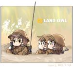  brown_coat brown_hair character_name coat commentary dated emblem gun helmet japari_symbol kemono_friends looking_at_another multicolored_hair original photo-referenced radio_antenna roonhee short_hair weapon yellow_eyes 