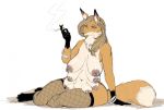  anthro bored breasts canid canine cigarette etheross female fox half-closed_eyes mammal mature_female multi_breast simple_background sitting smoking solo 