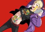  1boy adonis_belt black_shirt blonde_hair body_writing brown_eyes jacket looking_at_viewer male_focus midriff open_clothes open_jacket parody persona persona_5 persona_5_the_animation red_background sakamoto_ryuuji shirt simple_background solo t-shirt tongue tongue_out yoshizaki_(yszk) 