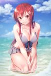  1girl 22/7 bangs bare_shoulders beach bikini bikini_skirt blurry blurry_background blush breasts cleavage eyebrows_visible_through_hair hair_ornament hairclip hands_together highres kichiroku kneeling large_breasts long_hair looking_at_viewer ocean outdoors red_eyes red_hair satou_reika sidelocks smile swimsuit 