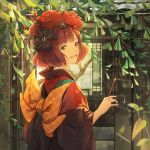  1girl :d black_eyes black_kimono brown_hair day dr_woodpecker eyebrows_visible_through_hair fate/grand_order fate_(series) hair_ornament hairpin highres holding_brush japanese_clothes katsushika_hokusai_(fate/grand_order) kimono long_sleeves looking_at_viewer open_mouth outdoors short_hair smile solo upper_body 