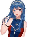  1girl :d arm_strap bangs bare_arms bare_shoulders blue_eyes blue_hair blue_swimsuit blush casual_one-piece_swimsuit eyebrows_visible_through_hair fire_emblem fire_emblem:_kakusei fire_emblem_cipher hand_in_hair hand_up long_hair looking_at_viewer lucina one-piece_swimsuit open_mouth simple_background smile snk_anm solo swimsuit symbol_in_eye tiara twitter_username upper_body white_background 