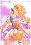  1girl :d blonde_hair collarbone cowboy_shot cure_etoile dress floating_hair g_tear hair_between_eyes hair_ornament highres hugtto!_precure long_hair looking_at_viewer open_mouth orange_eyes outstretched_arm precure short_dress side_ponytail sleeveless sleeveless_dress smile solo standing star star_hair_ornament thigh_strap very_long_hair wrist_cuffs yellow_capelet yellow_dress 