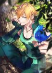 1boy animal animal_on_head armored bird bird_on_head blonde_hair blue_eyes boots brown_footwear collarbone day fate/extra fate_(series) fingerless_gloves gloves green_pants hair_over_one_eye in_tree jewelry leaf male_focus necklace noes on_head outdoors pants red_gloves robin_hood_(fate) sitting sitting_in_tree smile solo sunlight tree vertical-striped_gloves 