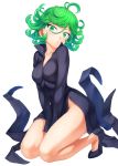 1girl :o bare_legs black_dress blush breasts collarbone curly_hair dress full_body green_eyes green_hair highres kneeling legs long_sleeves looking_at_viewer mogudan one-punch_man open_mouth short_hair simple_background small_breasts solo tatsumaki thighs white_background 