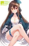  1girl bangs blue_jacket blush breasts brown_eyes brown_hair character_name closed_mouth crossed_legs eyebrows_visible_through_hair girls_frontline hair_between_eyes hair_ornament headphones heterochromia highres jacket kinona large_breasts long_hair looking_at_viewer m1014_(girls_frontline) open_clothes open_jacket red_eyes sidelocks sitting skirt solo thigh_strap very_long_hair wide_sleeves x_hair_ornament yellow_eyes 