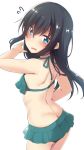  1girl arm_up asashio_(kantai_collection) ass back bangs bare_arms bare_shoulders bikini bikini_skirt black_hair blue_bikini blue_eyes butt_crack commentary cosplay cowboy_shot eyebrows_visible_through_hair from_side hair_between_eyes highres kantai_collection kasumi_(kantai_collection) kasumi_(kantai_collection)_(cosplay) long_hair looking_at_viewer looking_to_the_side nagami_yuu shoulder_blades sidelocks simple_background solo swimsuit symbol_commentary white_background 