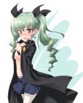  1girl anchovy anzio_school_uniform bangs belt black_belt black_cape black_ribbon black_skirt blush breasts cape cape_tug commentary covering covering_breasts cowboy_shot dated drill_hair embarrassed eyebrows_visible_through_hair frown girls_und_panzer green_hair hair_ribbon highres kuzuryuu_kennosuke long_hair looking_at_viewer medium_breasts miniskirt navel open_mouth pantyhose pleated_skirt red_eyes ribbon school_uniform skirt solo standing sweatdrop topless twin_drills twintails twitter_username white_legwear 