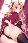  1girl ass backlighting bangs black_legwear black_leotard blonde_hair blush breasts cape closed_mouth earrings ereshkigal_(fate/grand_order) fate/grand_order fate_(series) hoop_earrings jewelry leotard long_hair looking_at_viewer medium_breasts parted_bangs red_cape red_eyes single_sleeve single_thighhigh solo thighhighs thighs tiara two_side_up window xayux 