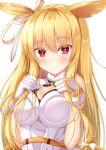  1girl absurdres blonde_hair blush bow breasts christmas cleavage cleavage_cutout commentary_request fate/grand_order fate_(series) gloves hair_bow hair_ribbon head_wings highres long_hair red_eyes ribbon ring_the_bell shizuri_yuki sidelocks simple_background smile solo thrud_(fate/grand_order) tress_ribbon upper_body valkyrie_(fate/grand_order) white_background white_bow white_gloves 