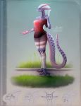  4_fingers anthro black_pupils blue_scales clothing dragon female hair hi_res horn long_ears long_neck looking_at_viewer multicolored_clothing pustyxox red_clothing scales scalie solo standing torn_clothing white_eyes white_hair 