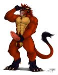  2019 abs amber_eyes anthro armpit_hair ball_tuft balls barbed_penis biceps big_penis charr chest_fur claws erections eyewear fangs felid fur goggles guild_wars hair hi_res holding_penis horn jrbart male mammal muscular muscular_male nude open_mouth pecs penis pubes quads red_fur red_hair sharp_teeth simple_background solo standing tail_tuft teeth toe_claws triceps tuft vein veiny_penis video_games white_background yeooow_fur 