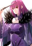  1girl absurdres bangs breasts cleavage dress expressionless eyebrows_visible_through_hair fate/grand_order fate_(series) feather_trim fur_trim hair_between_eyes headpiece highres holding holding_wand jewelry large_breasts long_hair looking_at_viewer medb_(fate)_(all) medb_(fate/grand_order) pendant purple_dress purple_hair purple_ribbon red_eyes ribbon scathach_(fate)_(all) scathach_skadi_(fate/grand_order) shiime simple_background solo tiara wand white_background wide_sleeves 