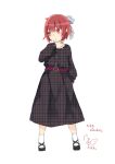  1girl alternate_costume belt black_dress black_footwear blush casual commentary_request contemporary cross-laced_footwear dress full_body grey_ribbon hair_ribbon hand_up highres long_sleeves parted_lips plaid plaid_dress purple_belt red_eyes red_hair ribbon sekibanki short_hair signature simple_background socks solo standing touhou toutenkou translation_request unmoving_pattern white_background white_legwear 