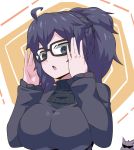  1girl :o adjusting_eyewear ahoge al_bhed_eyes alternate_breast_size alternate_hairstyle bangs bespectacled black-framed_eyewear breasts gen_1_pokemon gengar glasses hair_up hands_up hex_maniac_(pokemon) highres kamina_shades large_breasts long_hair long_sleeves looking_at_viewer npc_trainer open_mouth pokemon pokemon_(creature) pokemon_(game) pokemon_xy ponytail purple_eyes purple_hair suzusiigasuki turtleneck upper_body 