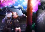  2girls :d abigail_williams_(fate/grand_order) abigail_williams_(fate/grand_order)_(cosplay) bags_under_eyes bangs black_bow black_headwear black_jacket blonde_hair blue_eyes blue_sky blush bow cabbie_hat cloud cloudy_sky commentary_request cosplay day eyebrows_visible_through_hair fate/grand_order fate_(series) flower hair_bow hair_bun hat heroic_spirit_traveling_outfit highres jacket kuro_yanagi lavinia_whateley_(fate/grand_order) long_hair long_sleeves matching_outfit motion_blur multiple_girls object_hug open_mouth orange_bow outdoors outstretched_arm parted_bangs petals pink_flower purple_eyes shrine silver_hair sitting sitting_on_stairs sky sleeves_past_fingers sleeves_past_wrists smile spring_(season) stairs star statue stone_stairs stuffed_animal stuffed_toy teddy_bear torii tree wide-eyed 