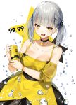  1girl alcohol bangs bare_shoulders black_choker blunt_bangs breasts bubble can choker chu-hi collarbone commentary detached_sleeves dress highres holding holding_can looking_at_viewer low_twintails medium_breasts original orihi_chihiro personification sapporo_beer short_hair silver_hair simple_background solo star twintails upper_body yellow_dress yellow_eyes 