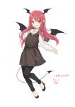  1girl :d adapted_costume bangs black_dress black_footwear black_pants black_sash blush commentary_request demon_tail demon_wings dress eyebrows_visible_through_hair full_body hand_on_own_chest head_wings high_heels highres koakuma leggings long_hair long_sleeves looking_at_viewer open_mouth pants plaid plaid_dress pocket pointy_ears red_eyes red_hair sash shirt signature smile solo tail touhou toutenkou translation_request unmoving_pattern white_shirt wings 