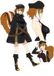  1girl animal_ears bare_shoulders beret black_footwear blazblue boots breasts brown_eyes brown_hair cloak closed_mouth eyebrows_visible_through_hair full_body gloves hair_between_eyes hat highres looking_at_viewer looking_to_the_side makoto_nanaya military military_uniform multicolored_hair multiple_views necktie open_mouth purinnssu salute short_hair simple_background smile squirrel_ears squirrel_tail standing tail two-tone_hair uniform white_background 