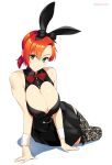  1girl animal_ears boudica_(fate/grand_order) bow bowtie breasts bunny_ears bunny_girl bunnysuit cleavage_cutout commentary_request fake_animal_ears fate/grand_order fate_(series) floral_print green_eyes hair_bow hairband highres large_breasts looking_at_viewer mattari_yufi red_hair shadow short_hair short_ponytail sitting skirt smile solo thighhighs twitter_username white_background wrist_cuffs 
