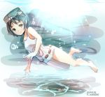  1girl bare_shoulders black_hair brown_eyes dated diving_mask flotation_belt from_side hama_(_hama000) kantai_collection looking_at_viewer maru-yu_(kantai_collection) school_swimsuit short_hair smile solo swimsuit twitter_username underwater white_school_swimsuit white_swimsuit 