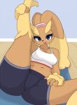  2019 4_fingers anthro blue_eyes blush breasts clothed clothing digital_media_(artwork) female hi_res looking_at_viewer lopunny mammal nintendo open_mouth pinkcappachino pok&eacute;mon pok&eacute;mon_(species) presenting raised_leg smile solo thick_thighs video_games yoga 