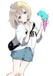  1girl baggy_clothes blonde_hair blue_eyes blue_shorts cowboy_shot food head_tilt highres holding holding_food ice_cream idolmaster idolmaster_shiny_colors looking_at_viewer omucchan_(omutyuan) pouch serizawa_asahi shirt short_hair shorts simple_background smile solo v white_background white_shirt 
