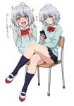  1girl :d blue_eyes blue_legwear blue_skirt blue_sweater blush bow bowtie cellphone chair character_request crossed_legs full_body grey_hair highres holding holding_cellphone holding_phone long_sleeves looking_at_viewer miniskirt multiple_views nigou open_mouth phone pleated_skirt red_neckwear school_uniform shoes short_hair simple_background sitting skirt smartphone smile sweater thighs translation_request upper_teeth uwabaki white_background 